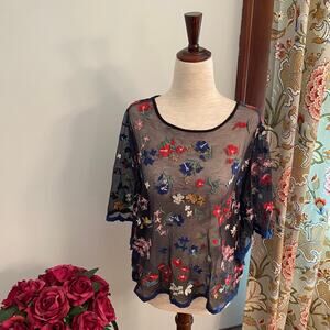 Maeve for Anthropologie black sheer embroidered blouse